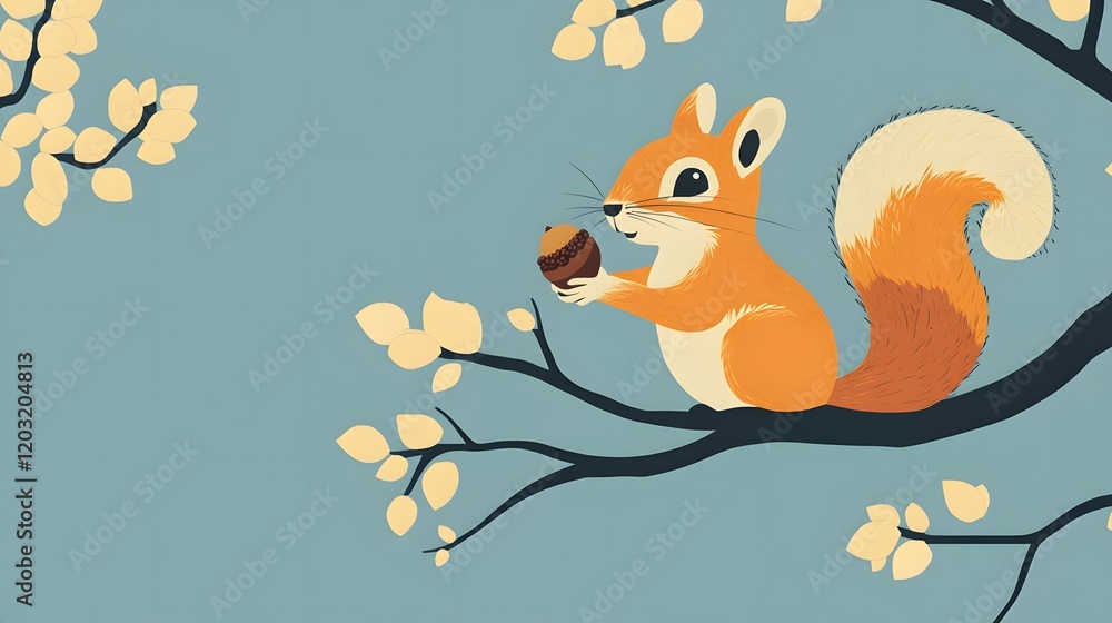 Fototapeta premium Playful squirrel holding acorn autumn tree branch digital illustration cozy environment whimsical concept