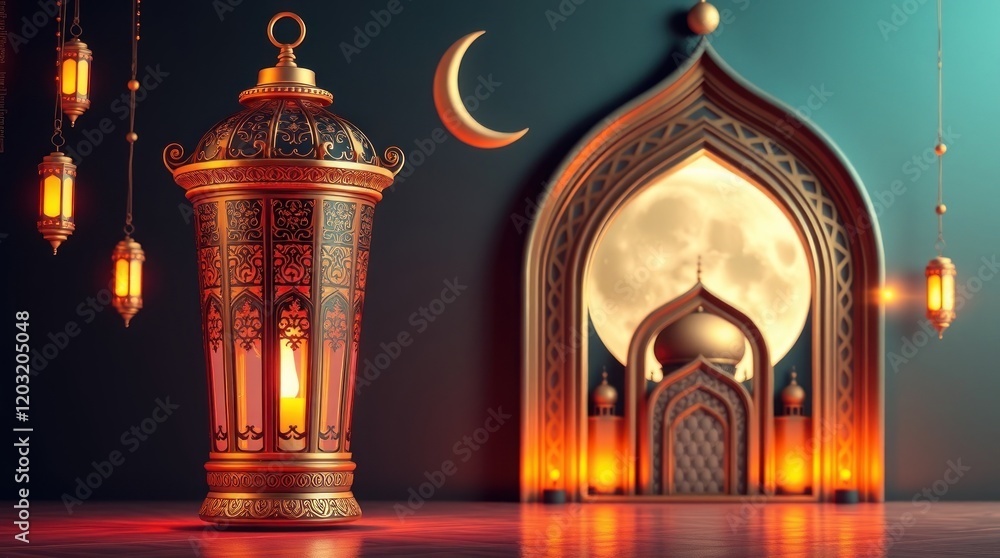 Fototapeta premium Ethereal Ramadan background 3D modern Islamic art depicting an ornamental Arabic lantern, metal moon, and mosque portal. Vibrant complimentary colors