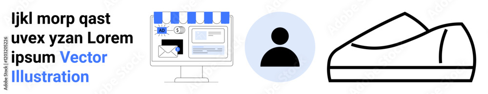 Online storefront with blue awning, user profile silhouette, black outline of a sneaker. Ideal for e-commerce, user management, shopping, retail, fashion, web design, landing page Online storefront with blue awning, user profile silhouette, black outline of a sneaker. Ideal for e-commerce, user management, shopping, retail, fashion, web design, landing page