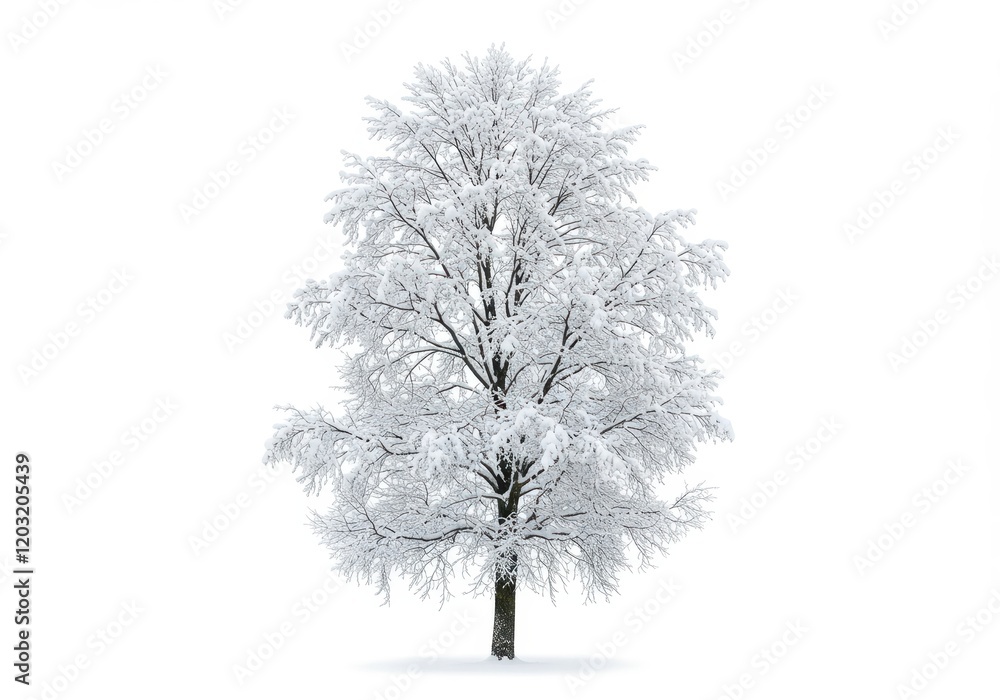 Fototapeta premium A tall tree covered in layers of snow on its branches, symbolizing winter serenity, isolated on a white background