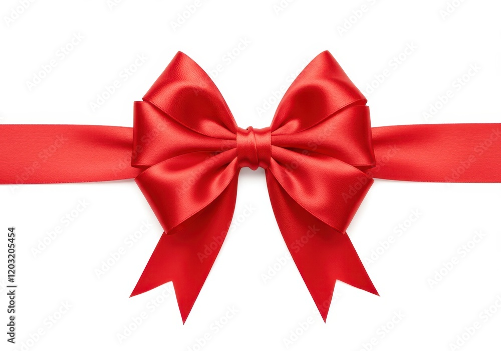 A bright red satin bow with long ribbon tails arranged symmetrically symbolizing celebration or gift decoration isolated on a white background A bright red satin bow with long ribbon tails arranged symmetrically symbolizing celebration or gift decoration isolated on a white background