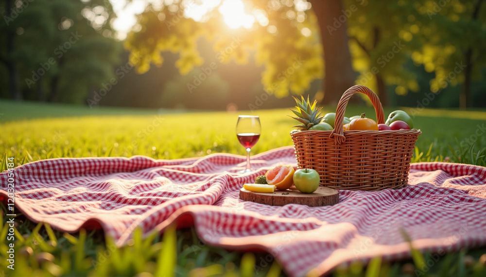 Sunny Picnic with Fruits and Wine on a Red Checkered Blanket in a Green Park Sunny Picnic with Fruits and Wine on a Red Checkered Blanket in a Green Park