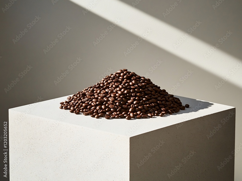 Roasted coffee beans in a small pile on a white cube against a light background. Roasted coffee beans in a small pile on a white cube against a light background.