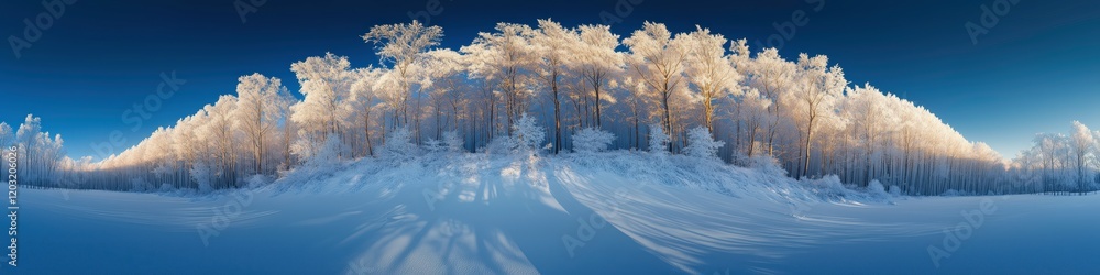 Winter Wonderland: A mesmerizing panoramic view of a snow-covered forest bathed in a ethereal blue light, with frost-covered trees creating a whimsical, almost otherworldly scene. Winter Wonderland: A mesmerizing panoramic view of a snow-covered forest bathed in a ethereal blue light, with frost-covered trees creating a whimsical, almost otherworldly scene.