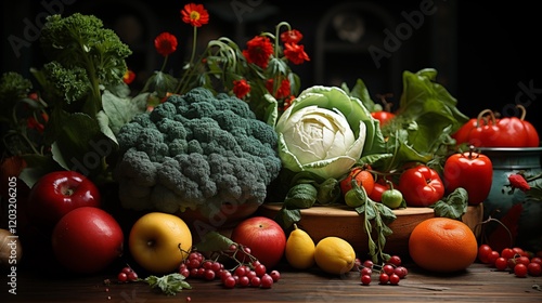 Fresh, red tomatoes, green peppers, and cucumbers spill from a white basket, perfect for healthy vegetarian diets photo