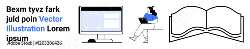 Computer monitor with code, sitting figure using laptop, open book. Ideal for e-learning, online courses, education, remote work, programming studies, digital learning platforms, distance education