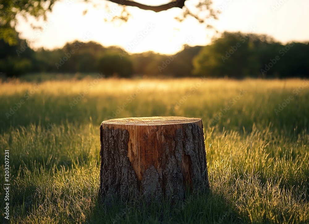 Tree stump in grassy field at sunset. Tree stump in grassy field at sunset.