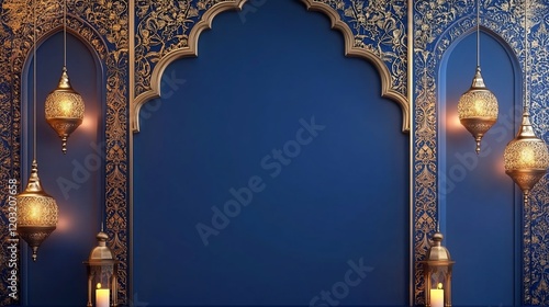 Elegant blue and gold Islamic archway with lanterns and candles.