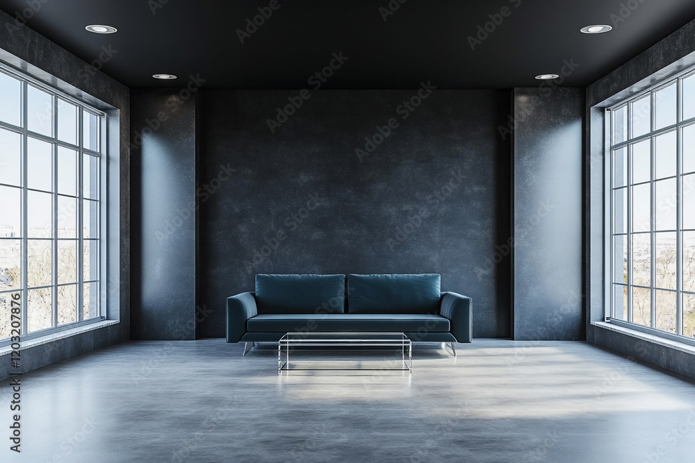 Modern dark room interior with teal sofa, large windows, and concrete floor. Modern dark room interior with teal sofa, large windows, and concrete floor.