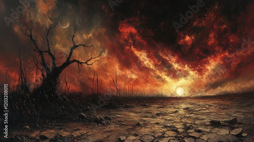 Doomsday wasteland, raging flames, and lingering sun photo