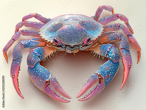 colorful, realistic illustration of crab with intricate details and pastel colors, showcasing its claws and textured shell photo