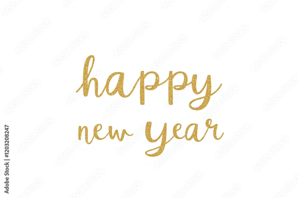 The words Happy New Year in a cursive gold font on a white background