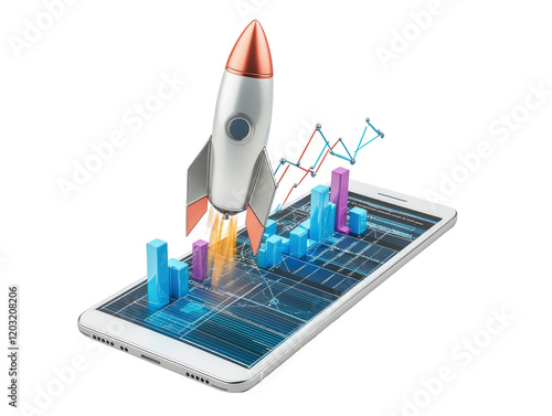 Isolated Rocket Launching from Mobile Phone with Charts