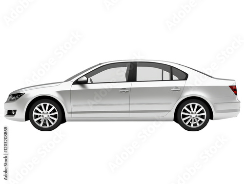Isolated White Sedan Car Side View on White Background