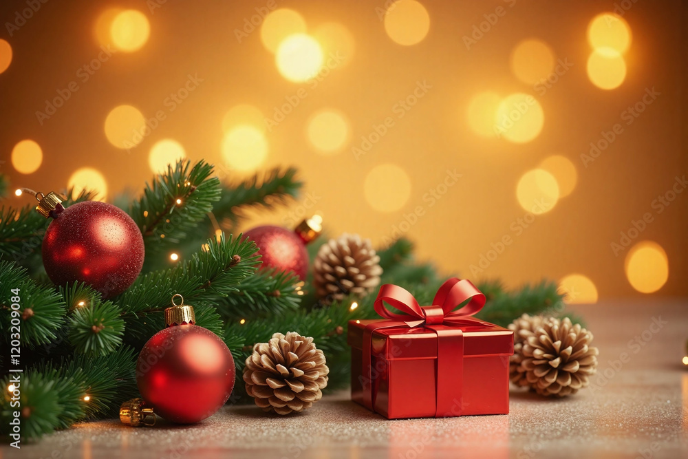 warm golden bokeh background with fir branches red ornaments warm golden bokeh background with fir branches red ornaments