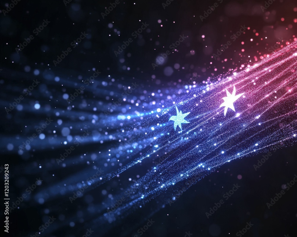 Obraz premium A vibrant abstract design featuring flowing lines of blue and red, with sparkling stars creating a dynamic and energetic visual effect.