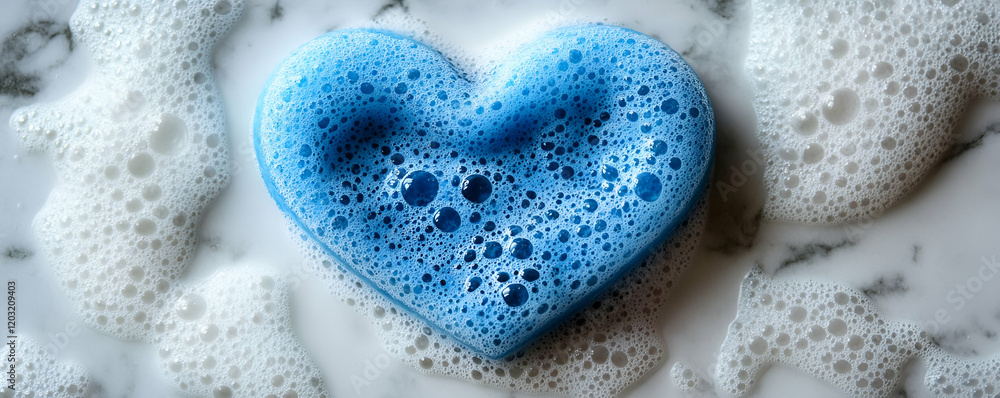 Obraz premium Blue heart soap foam marble background