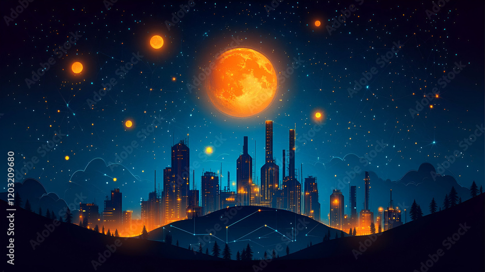 Fototapeta premium Orange moonlit futuristic city skyline