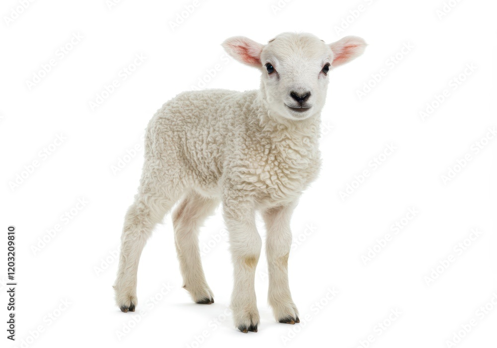 A fluffy white lamb standing with a slight tilt to its head isolated on a white background A fluffy white lamb standing with a slight tilt to its head isolated on a white background