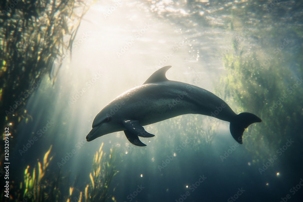 Dolphin gracefully swims in sunlit ocean kelp forest. Dolphin gracefully swims in sunlit ocean kelp forest.
