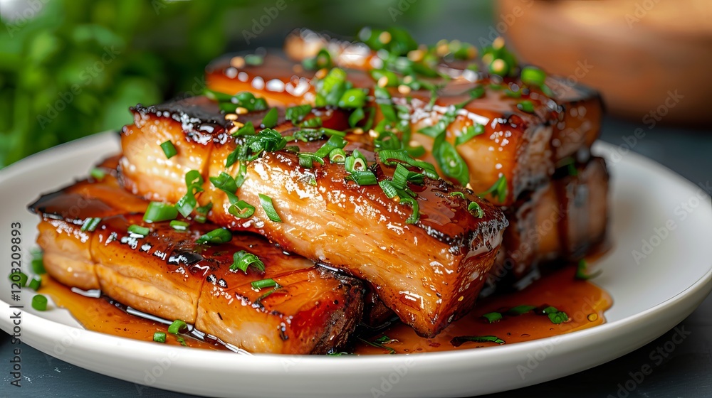 Delicious glazed pork belly slices garnished with green onions on a white plate, showcasing a rich, savory sauce and vibrant colors. Delicious glazed pork belly slices garnished with green onions on a white plate, showcasing a rich, savory sauce and vibrant colors.