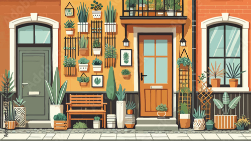 A compact and stylish front garden for an urban home, featuring vertical planters on the wall, potted plants in various sizes, a small seating area with a bench