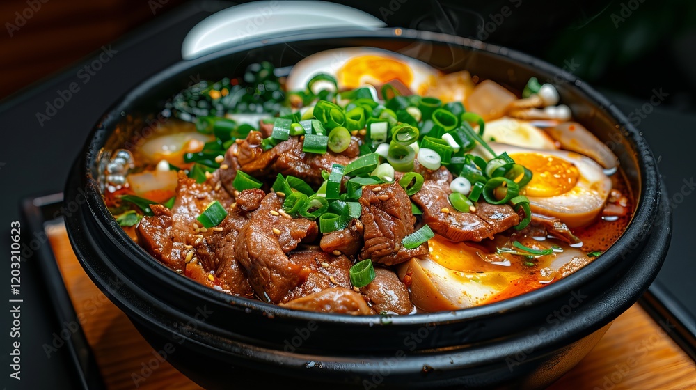 A steaming bowl of hearty beef stew topped with green onions, boiled eggs, and vegetables, showcasing vibrant colors and enticing textures. A steaming bowl of hearty beef stew topped with green onions, boiled eggs, and vegetables, showcasing vibrant colors and enticing textures.