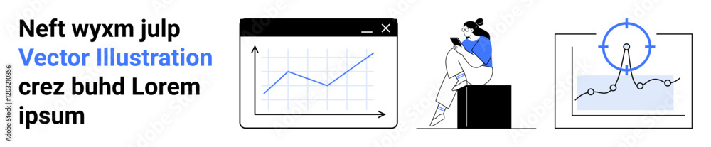 Businesswoman analyzing data on a tablet next to graphs with upward trends. Ideal for business growth, data analysis, strategic planning, market research, financial insights, management Businesswoman analyzing data on a tablet next to graphs with upward trends. Ideal for business growth, data analysis, strategic planning, market research, financial insights, management