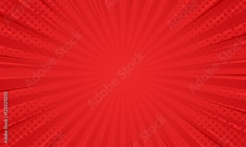 Red comic sunburst effect background with halftone. pop art comic-style vector background. Suitable for templates, sale banners, events, ads, web and pages