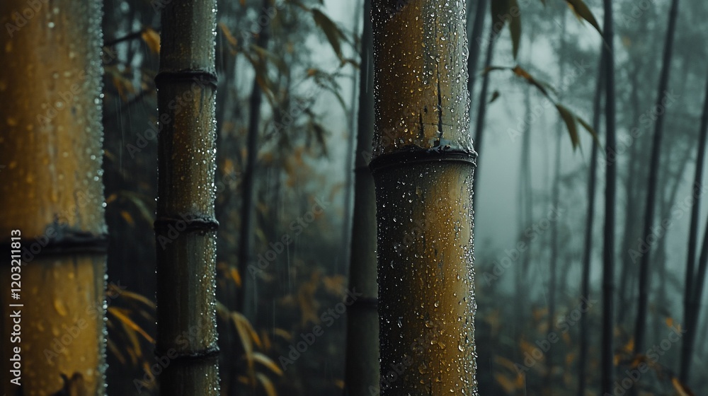 Rain-soaked bamboo stalks in a misty forest. Rain-soaked bamboo stalks in a misty forest.