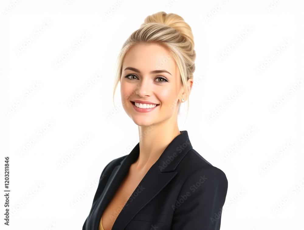 Professional headshot of a smiling woman in a formal suit on a white background Professional headshot of a smiling woman in a formal suit on a white background