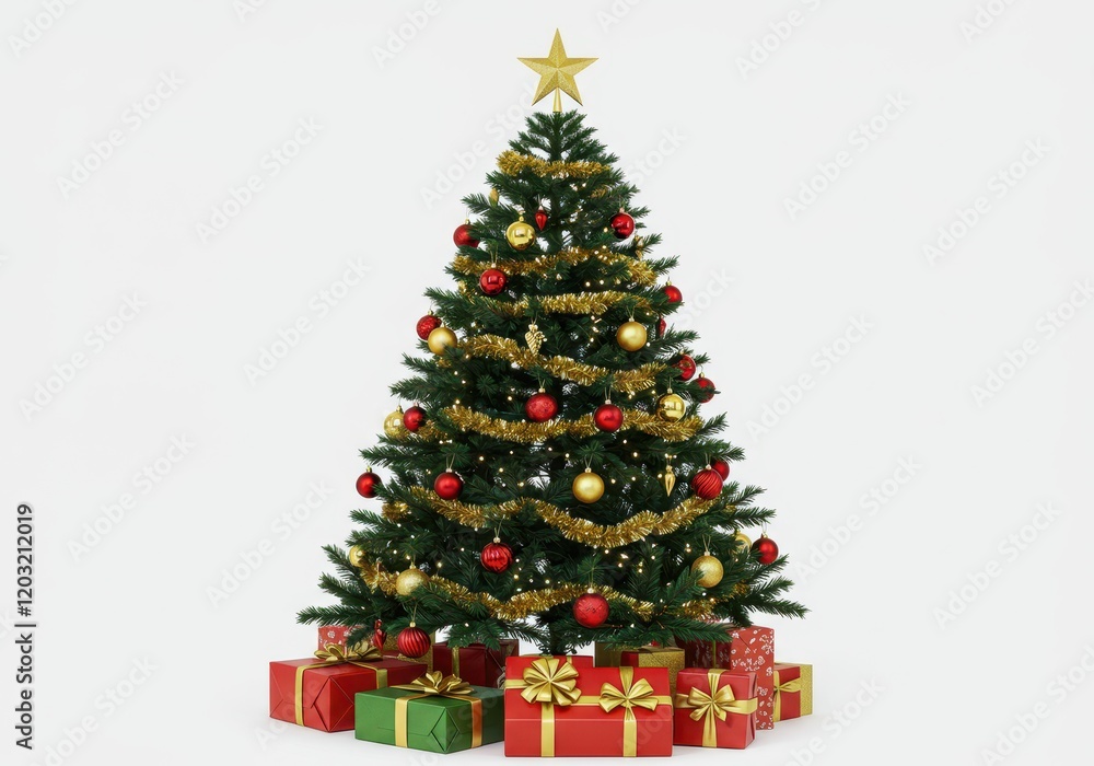 A decorated Christmas tree with red and gold ornaments and wrapped presents underneath, isolated on a white background A decorated Christmas tree with red and gold ornaments and wrapped presents underneath, isolated on a white background