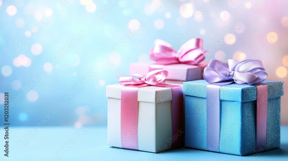 Gift boxes with ribbons on blue table, bokeh background Gift boxes with ribbons on blue table, bokeh background