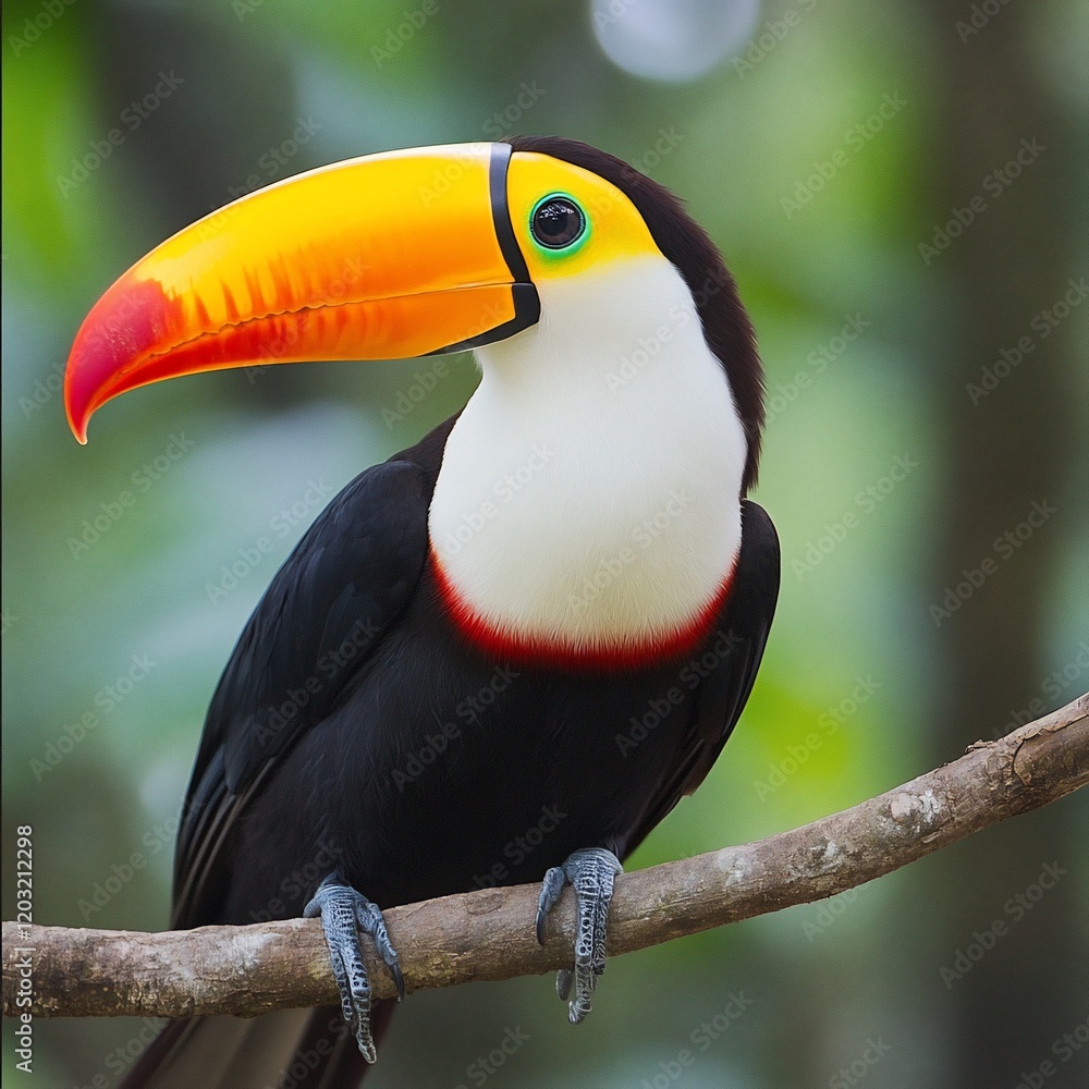 Fototapeta premium Vibrant toucan perched on a branch, showcasing its large colorful beak and plumage against a blurred green background.