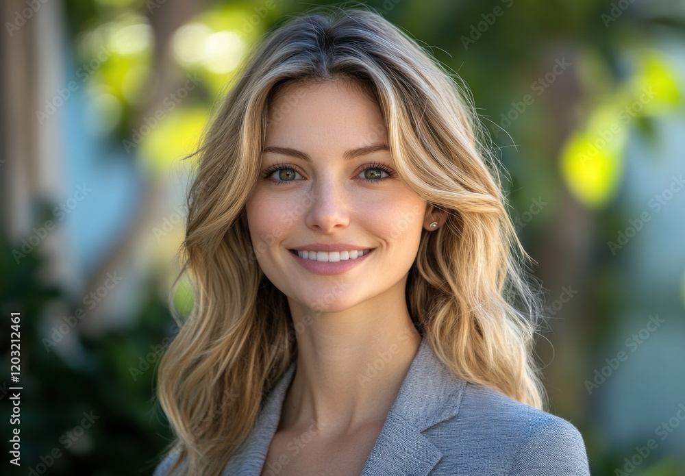 Confident young woman with long blonde hair and natural makeup smiling outdoors in a professional gray blazer with soft sunlight background Confident young woman with long blonde hair and natural makeup smiling outdoors in a professional gray blazer with soft sunlight background