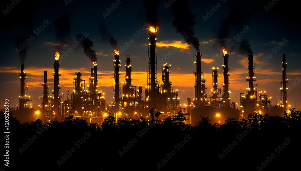 Fototapeta premium Night Refinery Flames, Pollution, Industry, Sunset