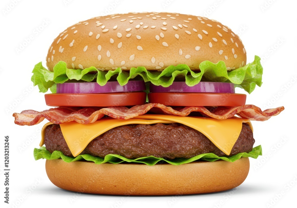 A juicy cheeseburger with a sesame seed bun, layers of lettuce, tomato, onion, cheese, and bacon, isolated on a white background A juicy cheeseburger with a sesame seed bun, layers of lettuce, tomato, onion, cheese, and bacon, isolated on a white background