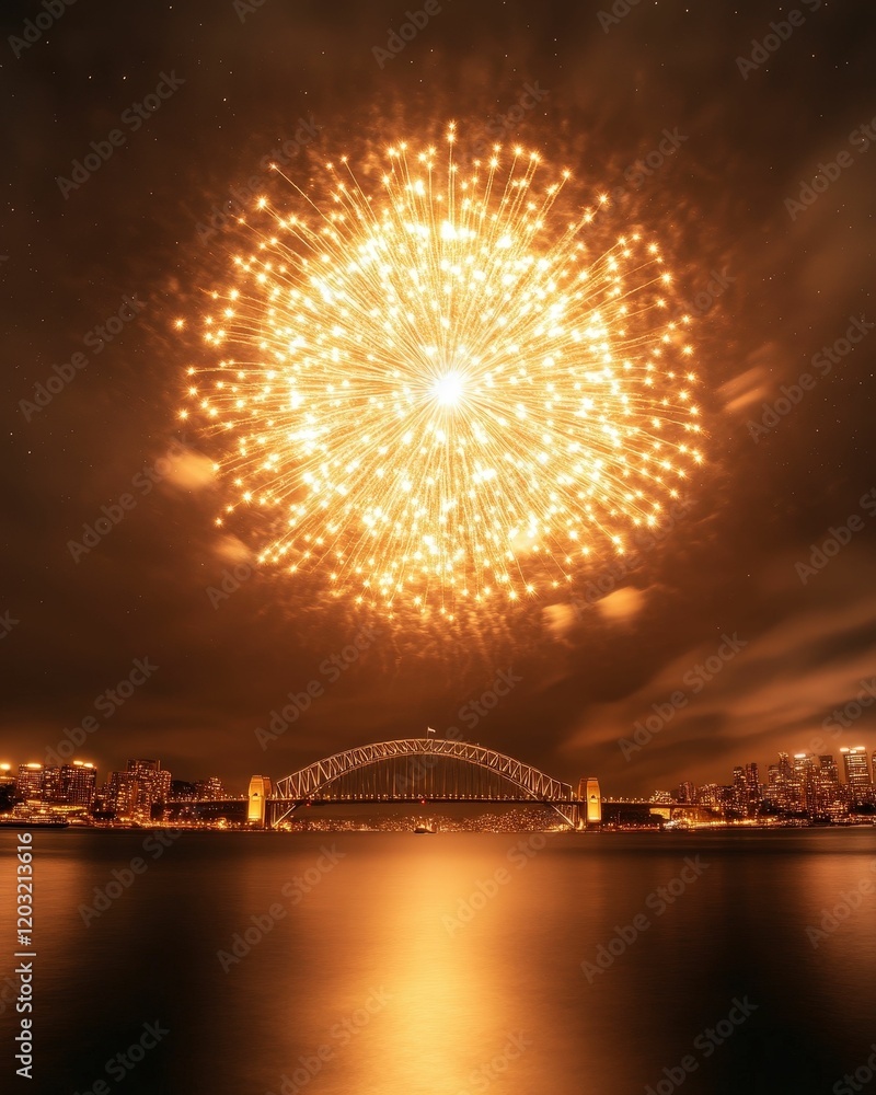 Obraz premium A dazzling display of fireworks illuminates the night sky above the Sydney Harbour Bridge, reflecting beautifully on the water below.