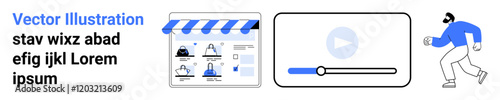 E-commerce storefront with various products, video player with play button and progress bar, and person running. Ideal for e-commerce, digital marketing, online shopping, video content, fitness apps
