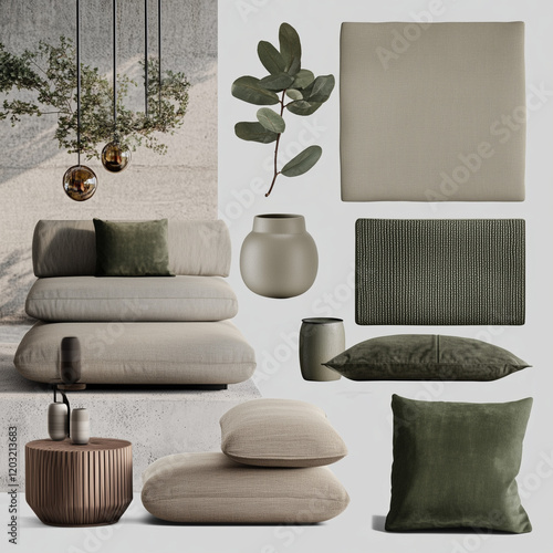 concept moodboard furniture, accessories and textiles for coffee shop minimalistic and contemporary style with hints of green colors

