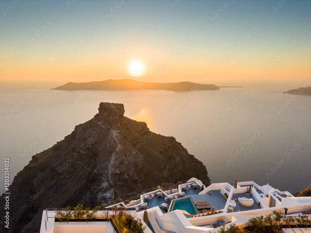 White architecture in Santorini island, Greece. Beautiful seascape at sunset.