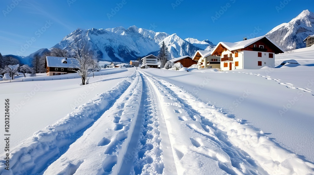 A serene winter landscape featuring traditional wooden houses amidst a blanket of fresh snow under a clear blue sky. A serene winter landscape featuring traditional wooden houses amidst a blanket of fresh snow under a clear blue sky.