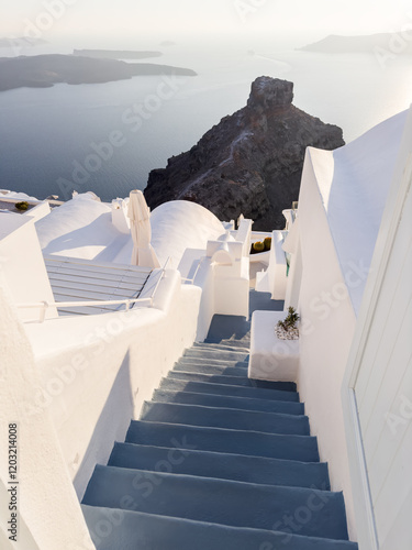 White architecture in Santorini island, Greece. Stairs to the sea.
