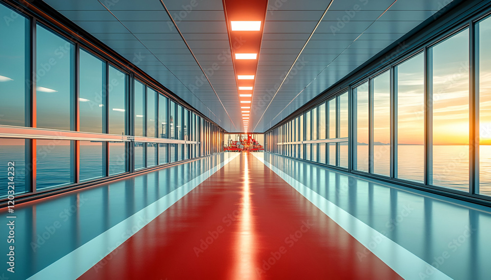 Sunset ocean view corridor; ship passage Sunset ocean view corridor; ship passage
