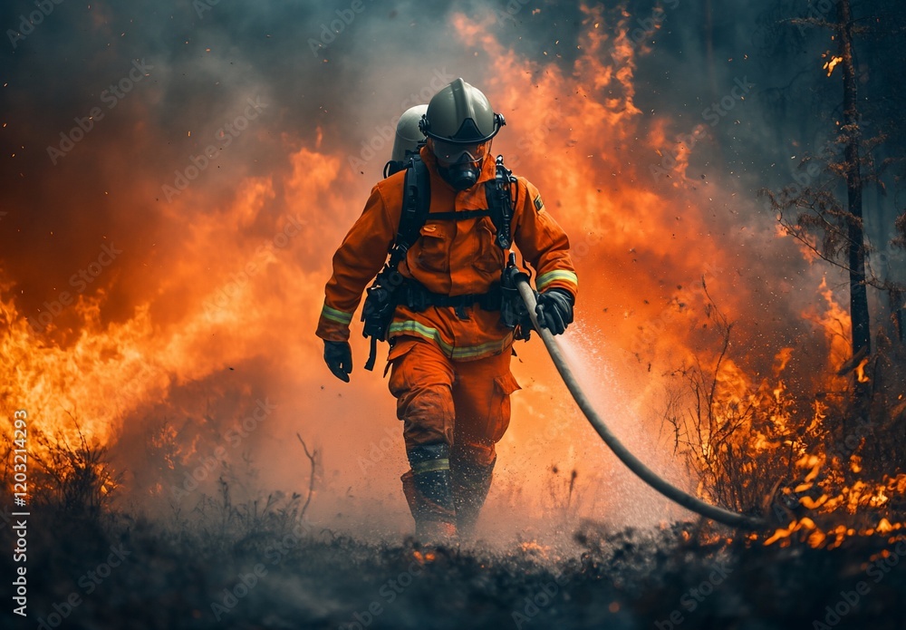 Firefighter bravely battles raging wildfire. Firefighter bravely battles raging wildfire.