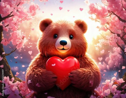 Cute animated bear holding glowing red heart among cherry blossoms romantic scene digital art serene environment close-up view heartfelt concept photo