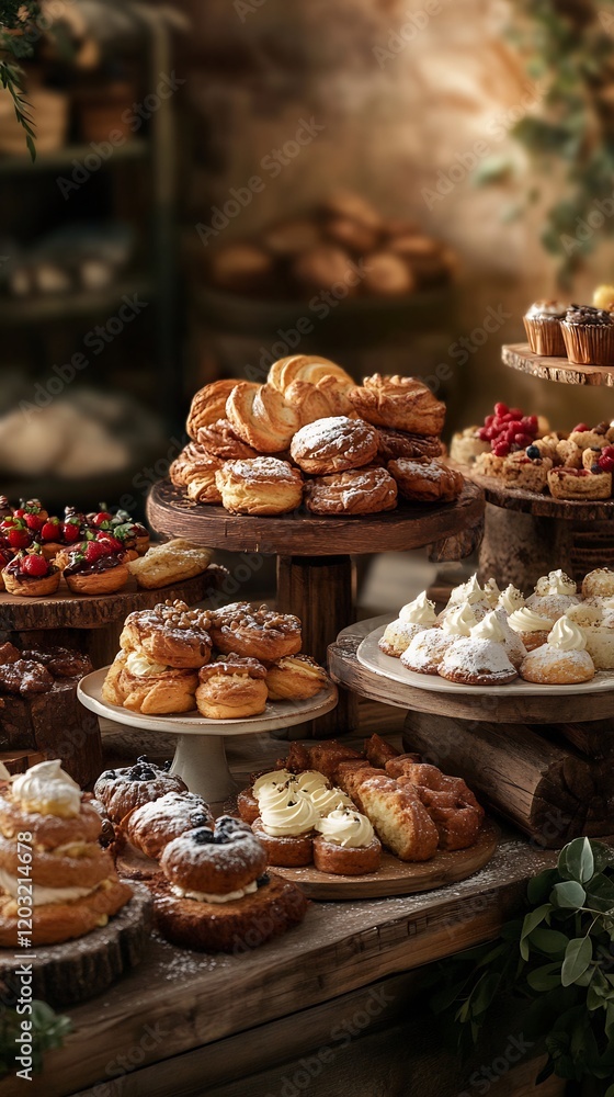 Warm golden light illuminates rustic bakery display; delicious pastries artfully arranged on wooden stands.. AI Generated Warm golden light illuminates rustic bakery display; delicious pastries artfully arranged on wooden stands.. AI Generated