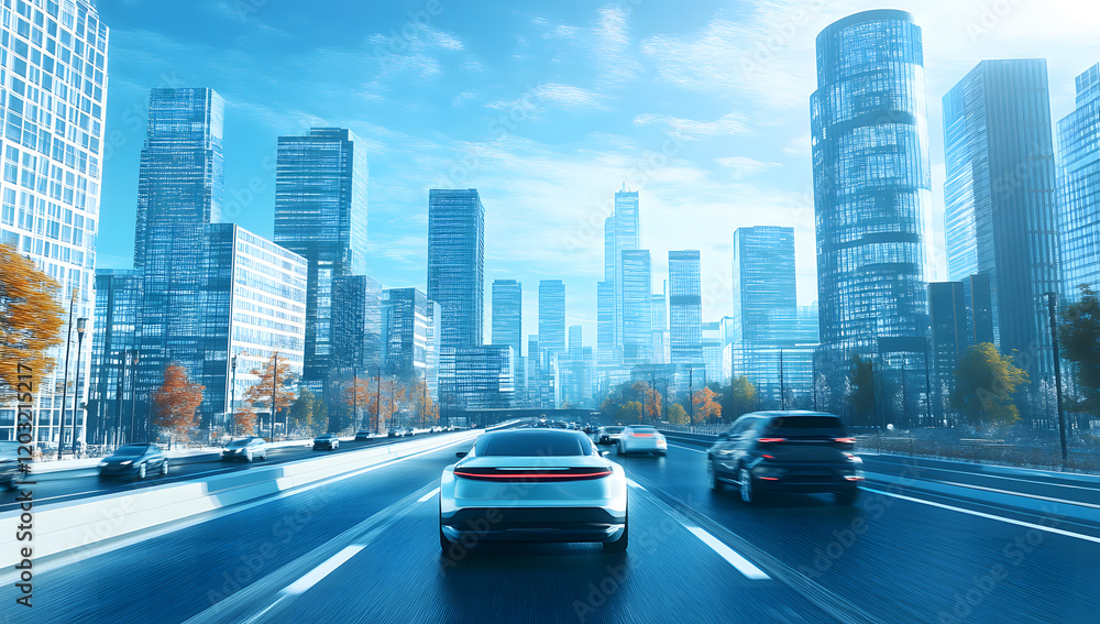 Obraz premium Sleek futuristic electric car driving on a highway amidst a modern city skyline at dusk. The glowing LED lights and cutting-edge design embody innovation and luxury. Perfect for technology, transport