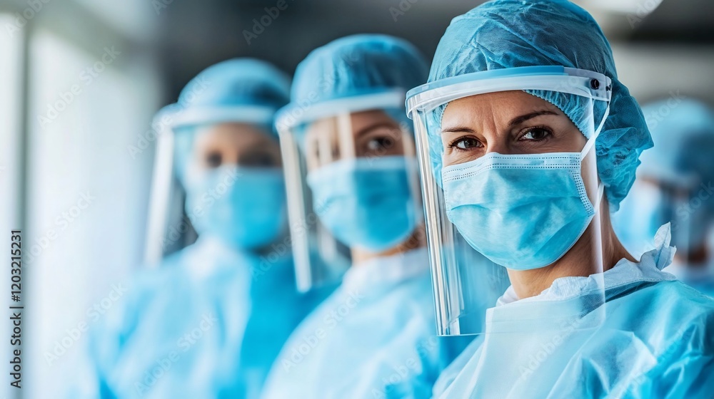 Confident female doctor and medical team in PPE. Confident female doctor and medical team in PPE.