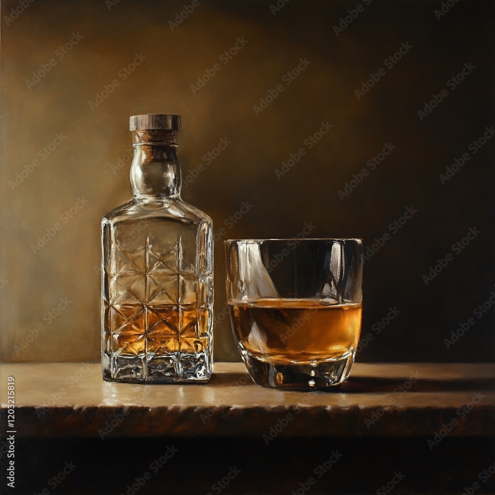 Still life painting of whiskey bottle and glass. Still life painting of whiskey bottle and glass.